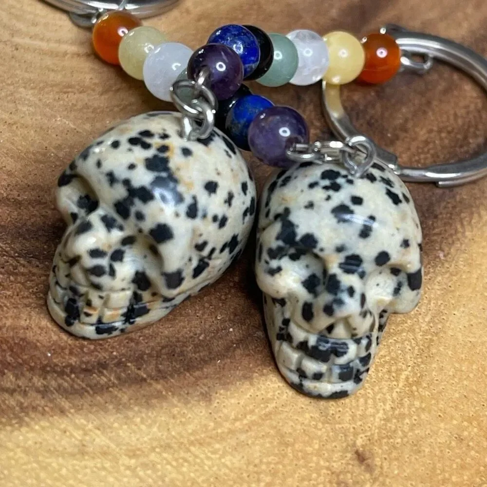 Dalmatian jasper skull carving key chain key ring 7 chakra beads rainbow